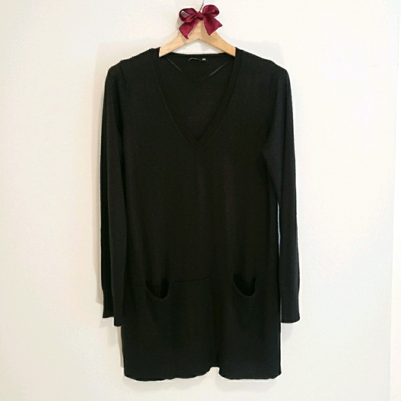 Black V-Neck Sweater Dress Long Sleeves Dark Autumn Winter Top - Picture 1 of 6